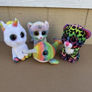 Lot Of 4 TY Beanie Boo Plush Toys Heather Dotty Leopard Pixy Nori Narwhal